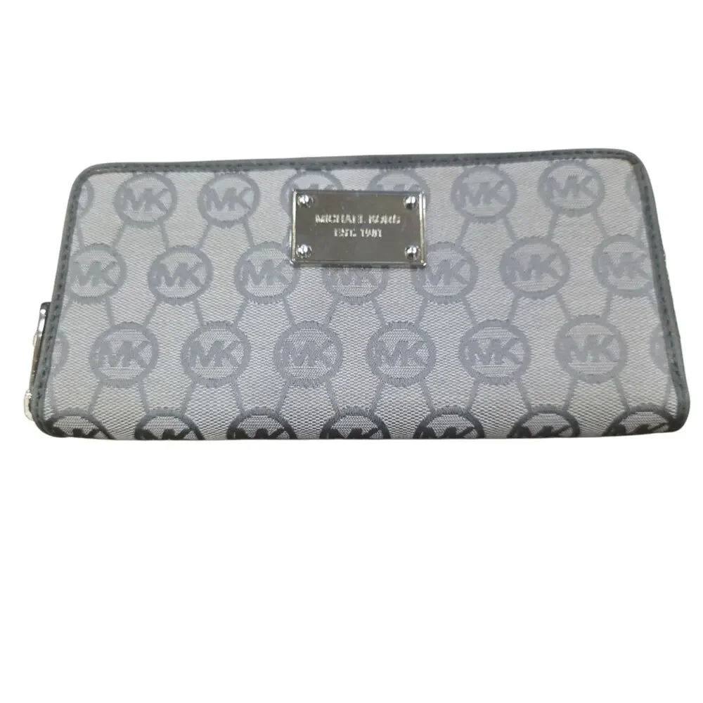 Michael Kors Gray MK Logo Zip Around Wallet Continental Checkbook Clutch...